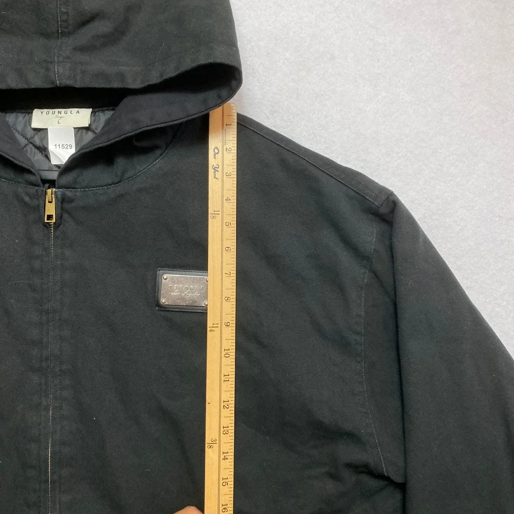 YoungLA Canvas Hooded Jacket Mens Large Black Quilted Lined Full Zip Workwear